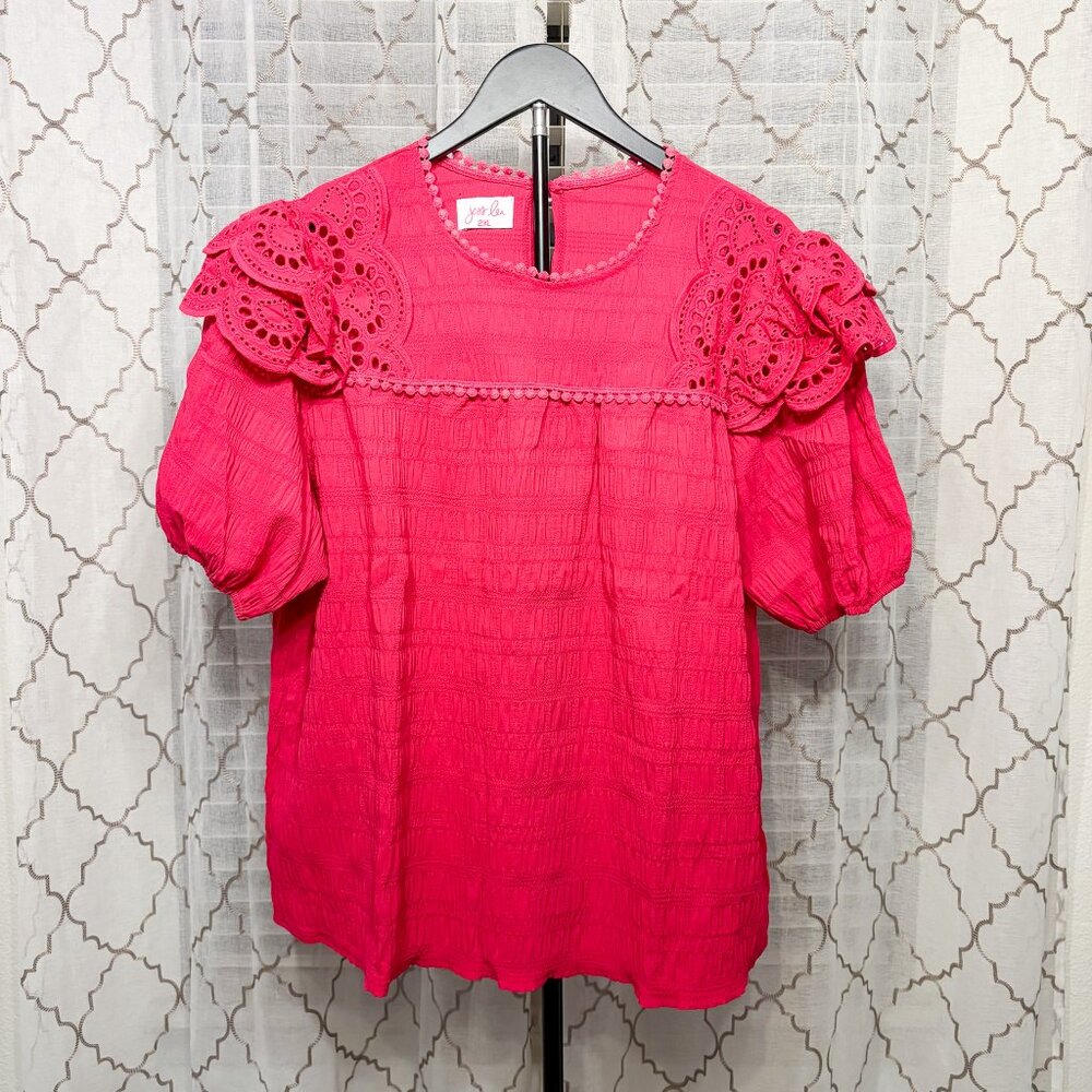Jess Lea Hot Pink Eyelet Puff Sleeve Top 2XL